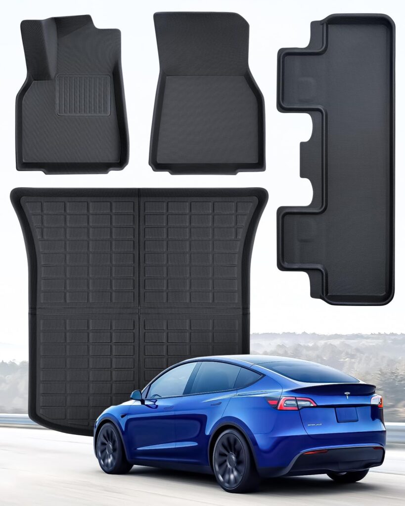 100 Liner® for Tesla Model Y Floor Mats 4PCS 2023 2022 2021 2020 Heavy Duty XPE All Weather Floor Mats Set of Front Rear Trunk Cargo Custom Fit Car Floor Liners Interior Accessories for Model Y 5 Seat