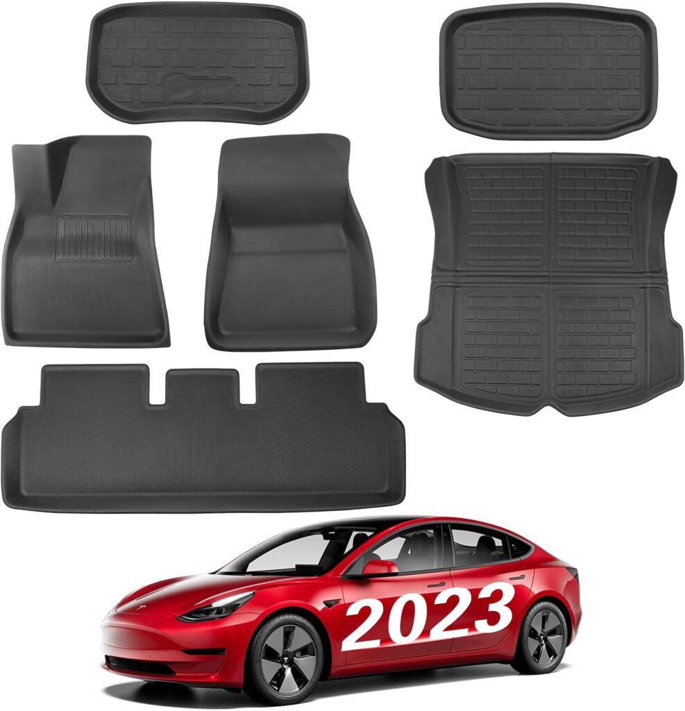 BASENOR 6PCS Tesla Model 3 Floor Mats Full Set Mats All-Weather Anti-Slip Waterproof 3D Frunk Mat Trunk Liner Front Rear Cargo Liner Mat Accessories fit Model 3 2023 2022 2021