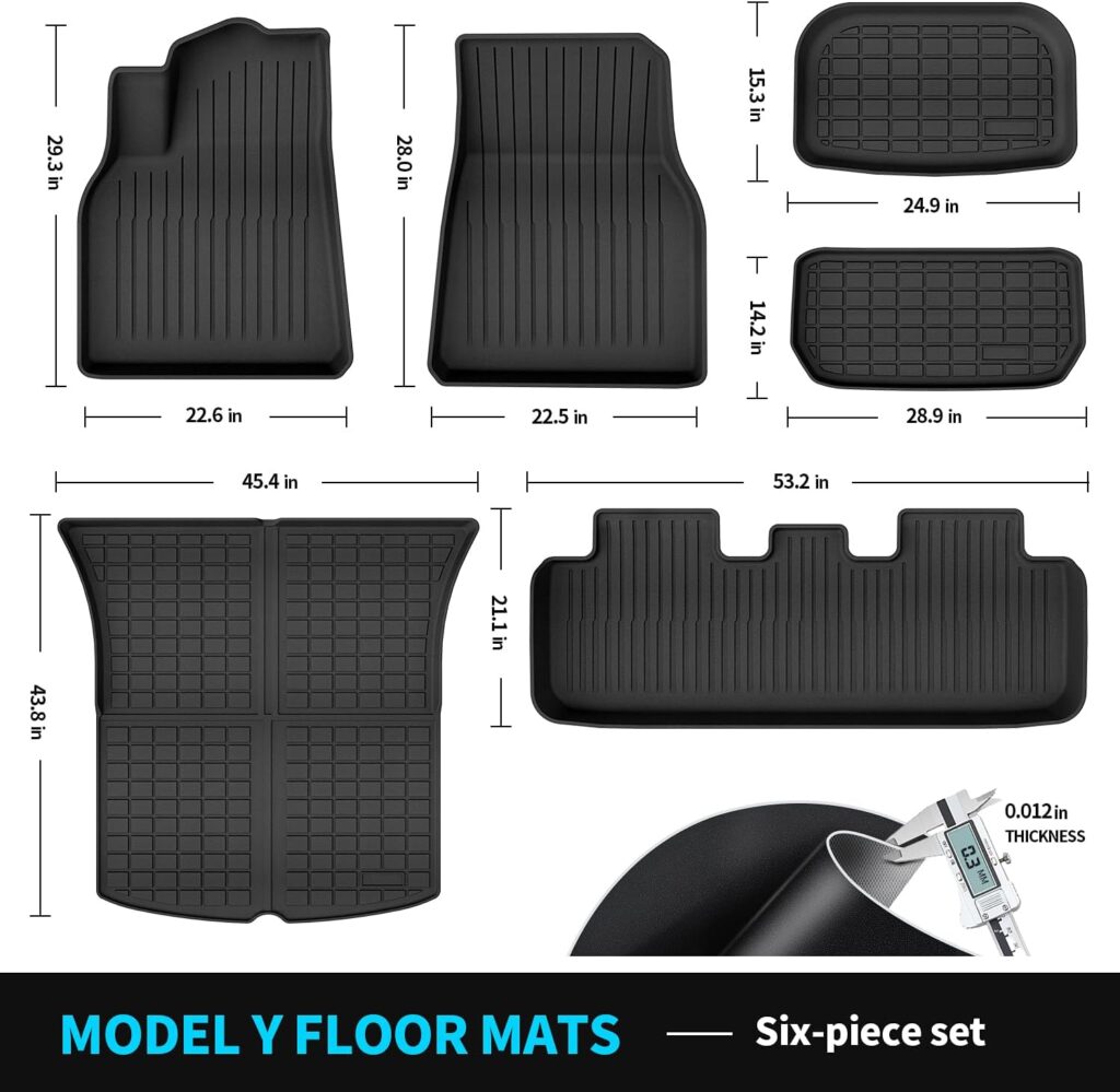 Cirtek Floor Mats for Tesla Model Y, All Weather Car Mat Rubber Carpet Accessories, Custom Fit Cargo Liner, Front Rear Seat, Frunk, Trunk Floormats, Auto Interior Protector (6-Piece Set Liners) Black