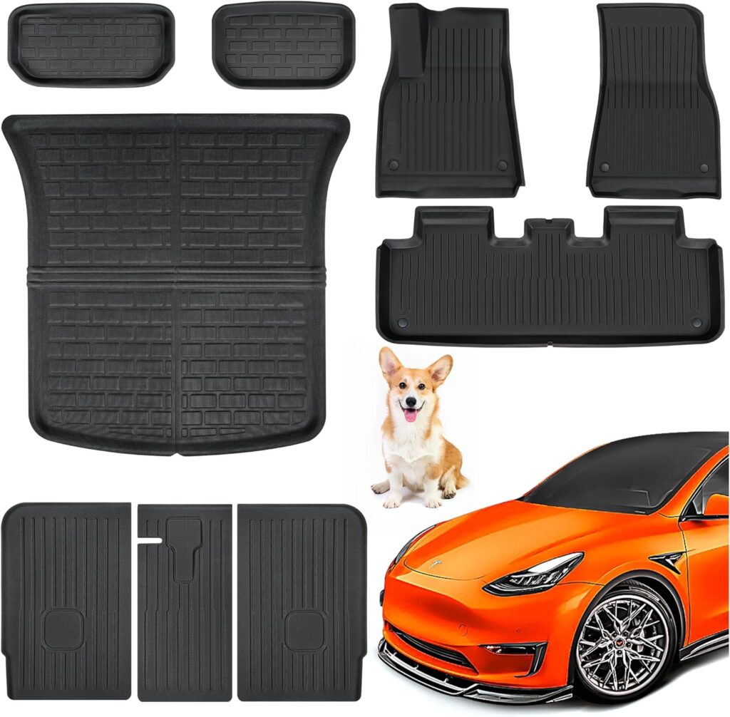 CYKOMY Tesla-Model-Y-Floor-Mats-2023~2020, Tesla Model Y Floor Mats, Tesla Model Y Trunk Mat and All Weather Floor Mats, Tesla Model Y Accessories for Automotive Floor Mats  Cargo Liners (9 PCS)