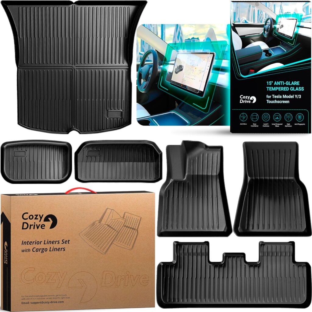 Floor Mats Set for Tesla Model Y 5-Seater 2020-2023 - Custom Fit Premium Interior and Cargo Liners Accessories - All Weather - Model Y Screen Protector Included