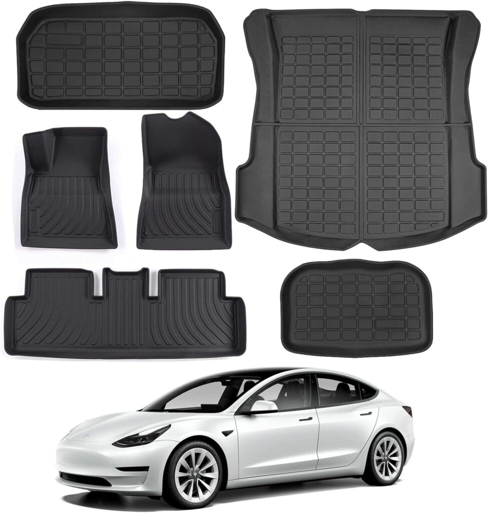 KIKIMO Tesla Model 3 Floor Mats,Tesla Model 3 2017-2023 Accessories,All Weather Floor Mat Front Rear Cargo Liner Mat, Waterproof Anti-Slip Floor Mat Custom Fit for Tesla,Heavy Duty Floor Mats