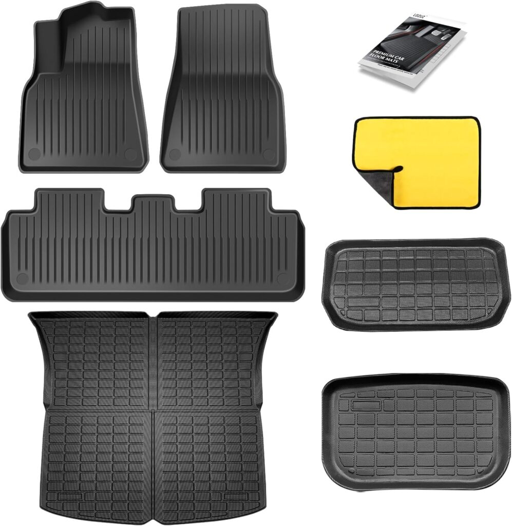 LOZUZ Floor Mats for Tesla Model 3 Accessories 2023-2017 All Weather TPE Cargo Liner Cargo Trunk Accessories, Heavy Duty Floor Mats(Model 3 Floor Mats Full Set)