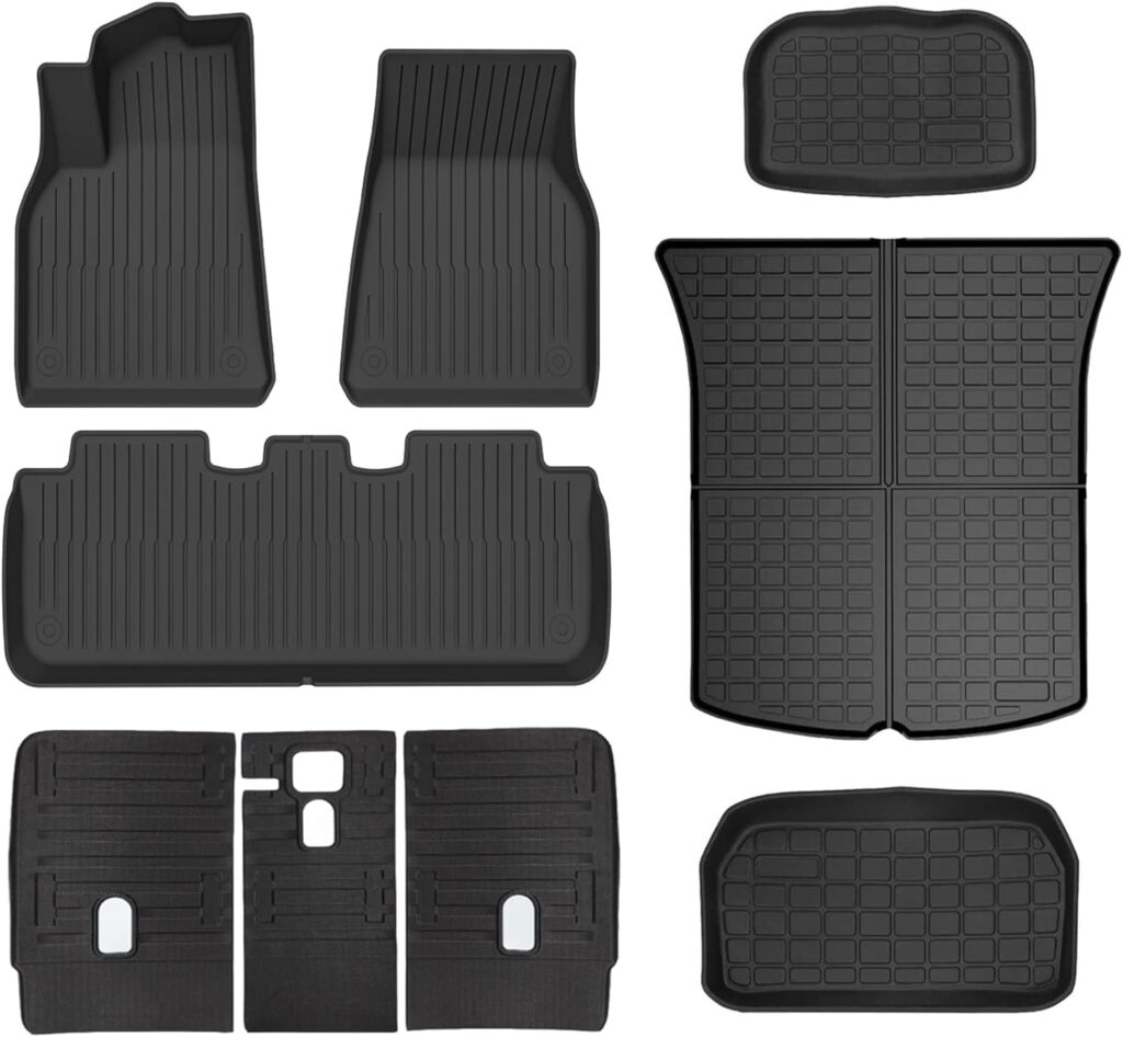 Model Y Floor ＆ Storage ＆ Backrest Mat ＆ Cargo Liner Compatible with 2020 2021 2022 2023 Tesla Model Y 5-Seats Models，All Weather Protection 3D Waterproof Durable Anti-Slip Custom-fit Set Accessories