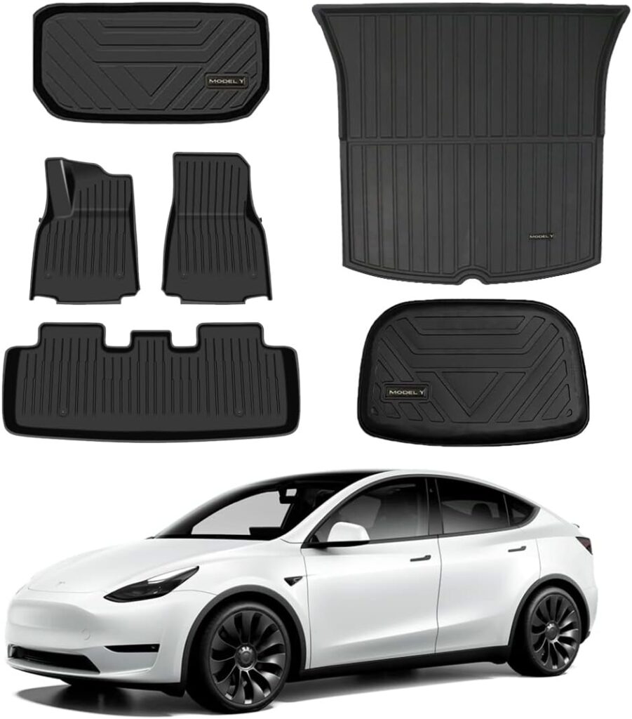 Pedigree 3D TPE Material Tesla Model Y Floor Mats Set Model Y Full Cover All Weather Rear Trunk Liners Custom Fit Heavy Duty Rubber Odorless Model Y Accessories 2021 2022 2023(Floor+Storage+Cargo Mat)