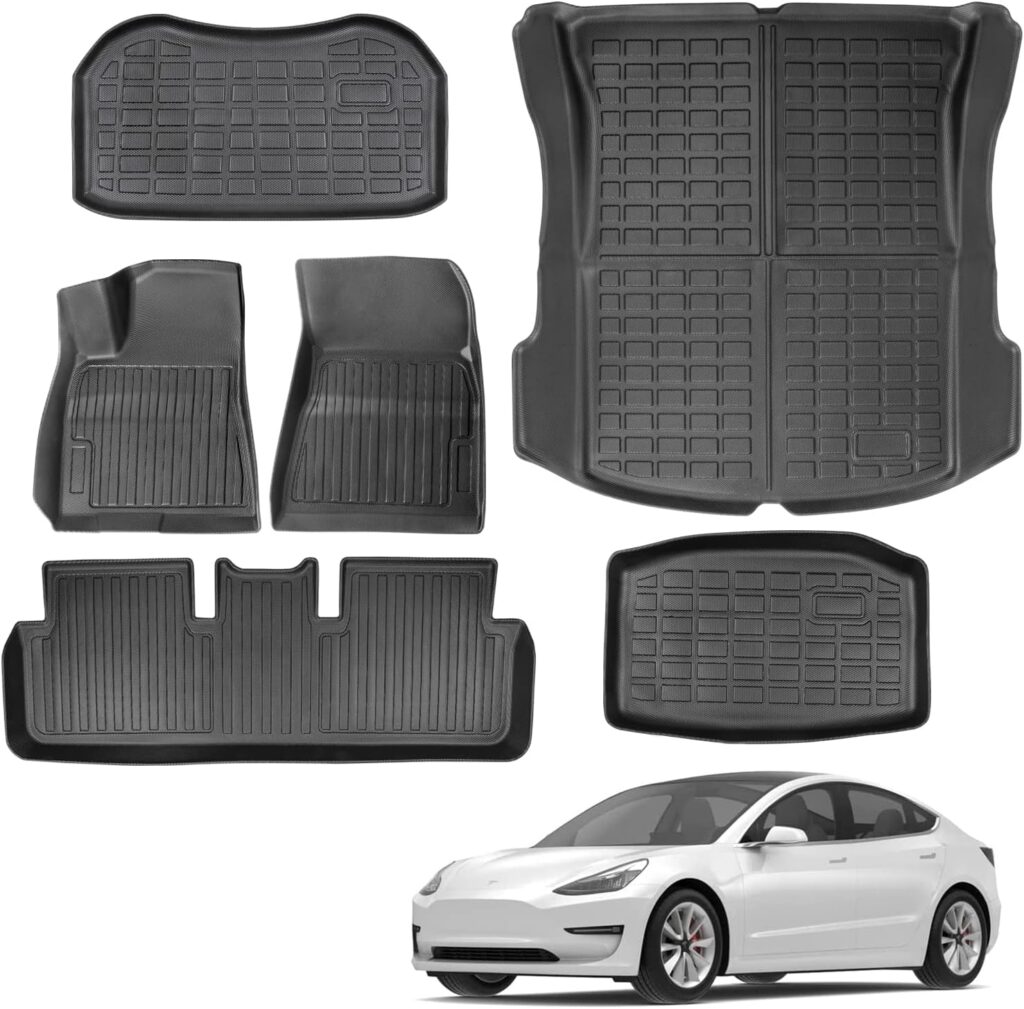 SUMK 6PCS Tesla Model 3 Floor Mats for Model 3 2021 2022 2023 Custom Fit Front Rear Cargo Liners Floor Protect Interior Accessories Full Set All-Weather Anti-Slip Heavy Duty Floor Mats Black