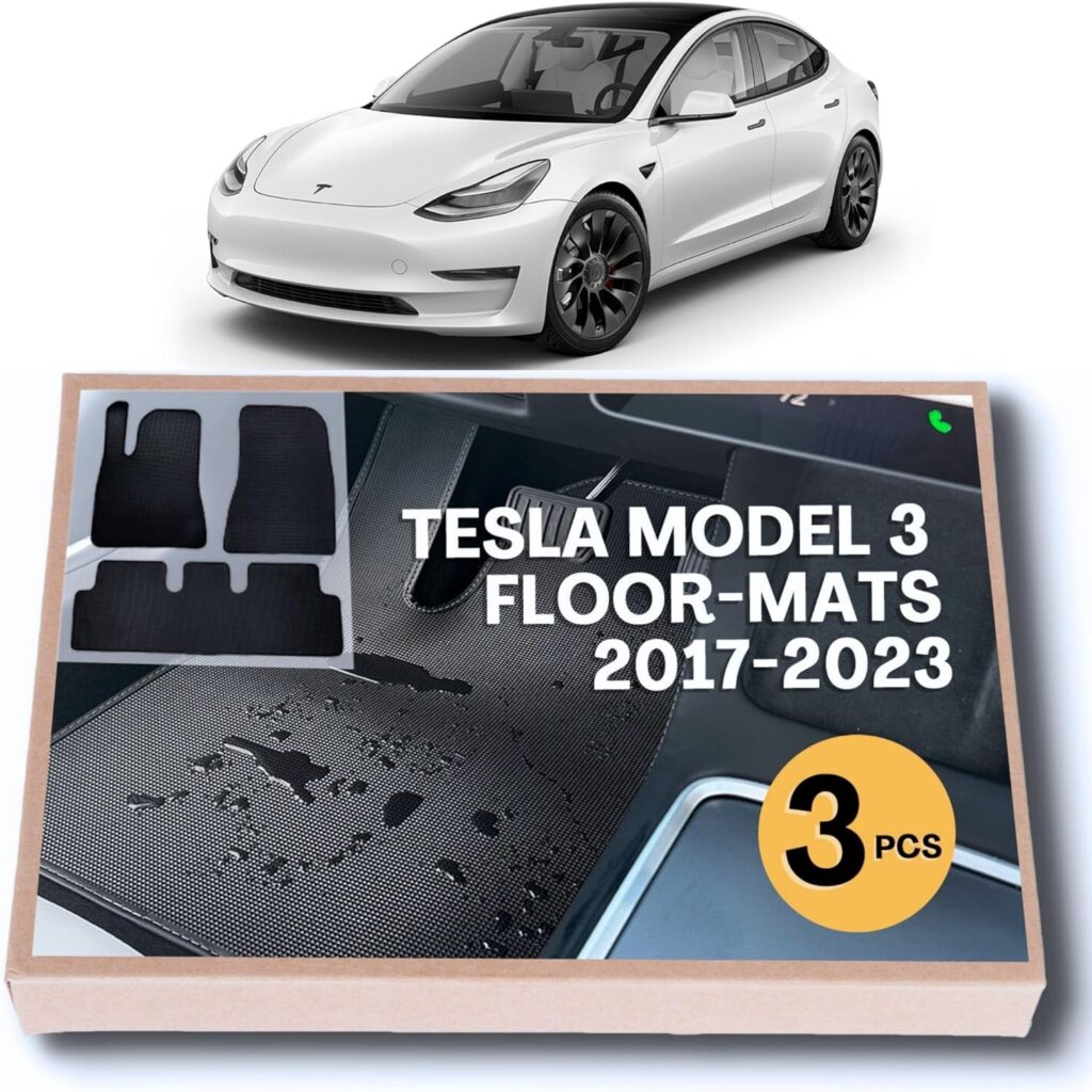 Tesla Model 3 Floor Mats All Weather 2017-2023 Minimal Design Logo Free Premium Model 3 Accessories Full (1st  2nd Row) Exclusive 3D Pyramid Pattern