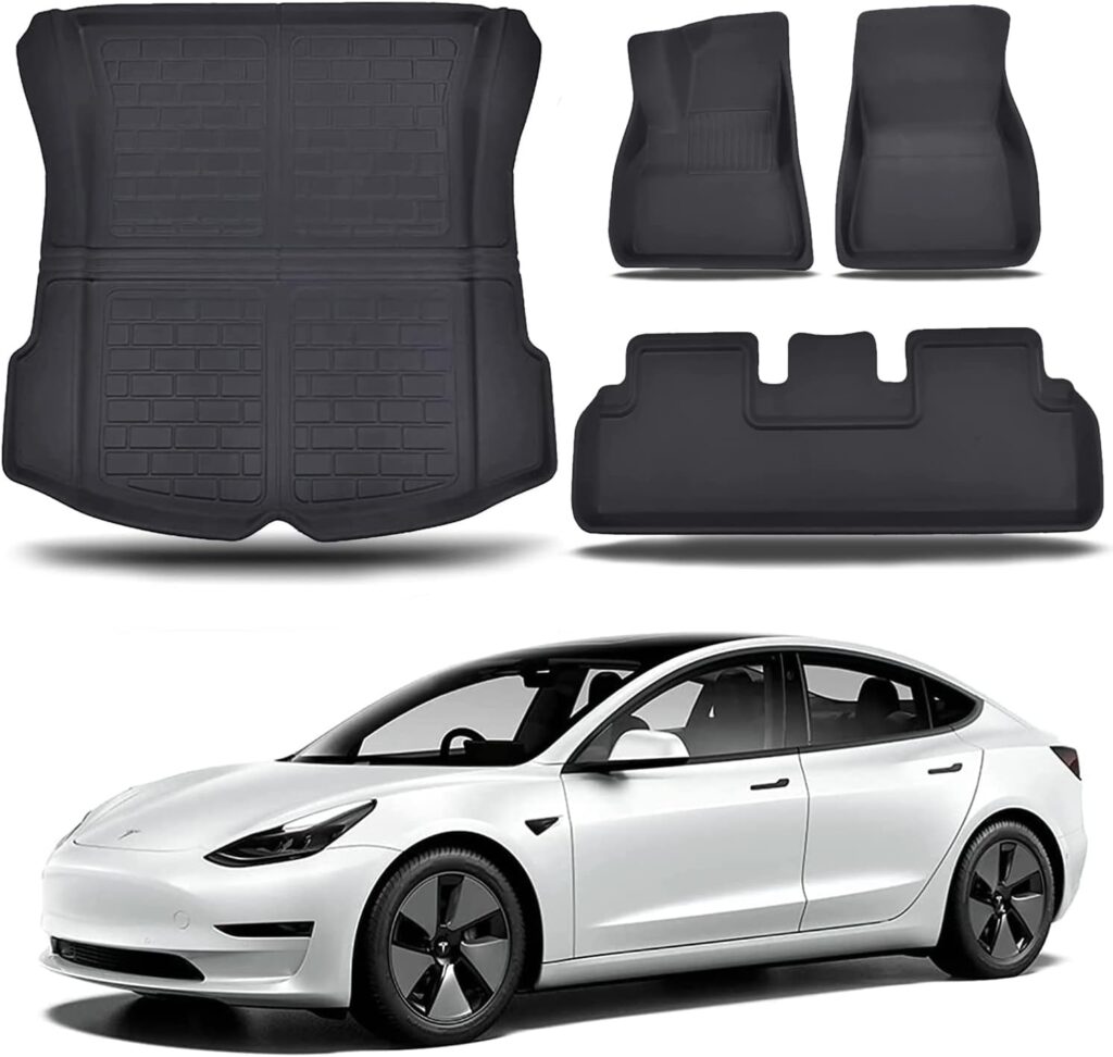 Tesla model 3 Floor Mats - TPE All-Weather Waterproof Accessories for 2023 2022 2021 Upgraded Odorless Durable Rear Trunk Mat Floor Liners, Interior Accessories