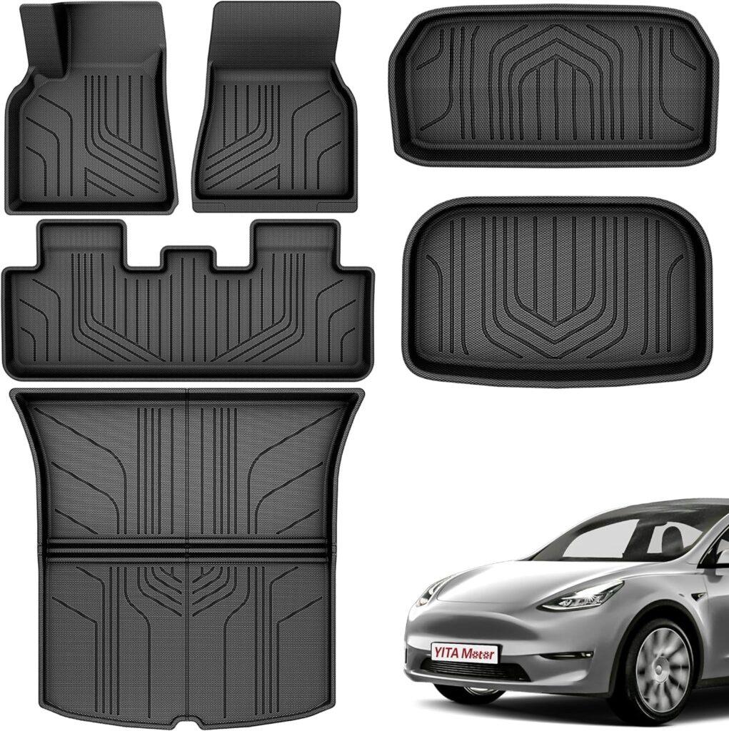 YITAMOTOR Tesla Model Y Floor Mats Full Set Custom Fit 2020-2023 All-Weather Cargo Liners Rear Cargo Tray Trunk Automotive Floor Mat Interior Accessories, Black