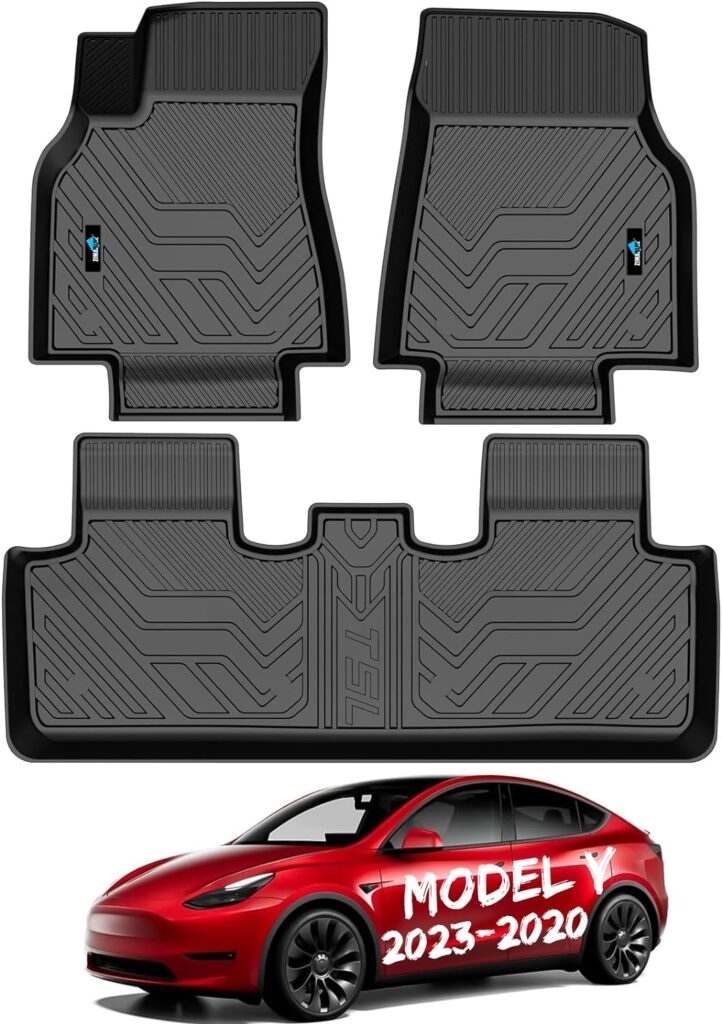 ZIMABLUE Floor Mats Full Set for Tesla Model Y 2023 2022 2021 2020,Front Trunk Liner/Rear Trunk Liner/Rear Well Liner,TPE All-Weather Protection Floor Liners 6PCS