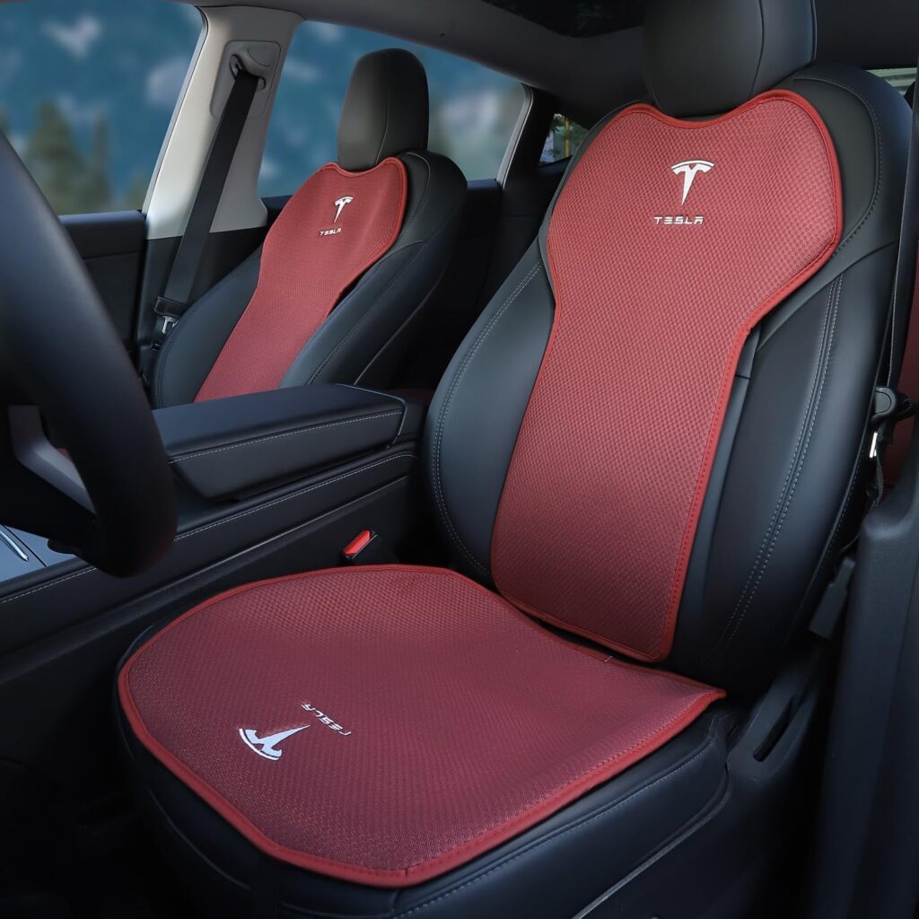 ALBECHE Car Seat Cushion Covers Full Set Front Rear for Tesla Model 3 2016-2023 Four Seasons Universal Protector Pad Mat Interior Decoration Accessories (7pcs/Red Ice Silk)