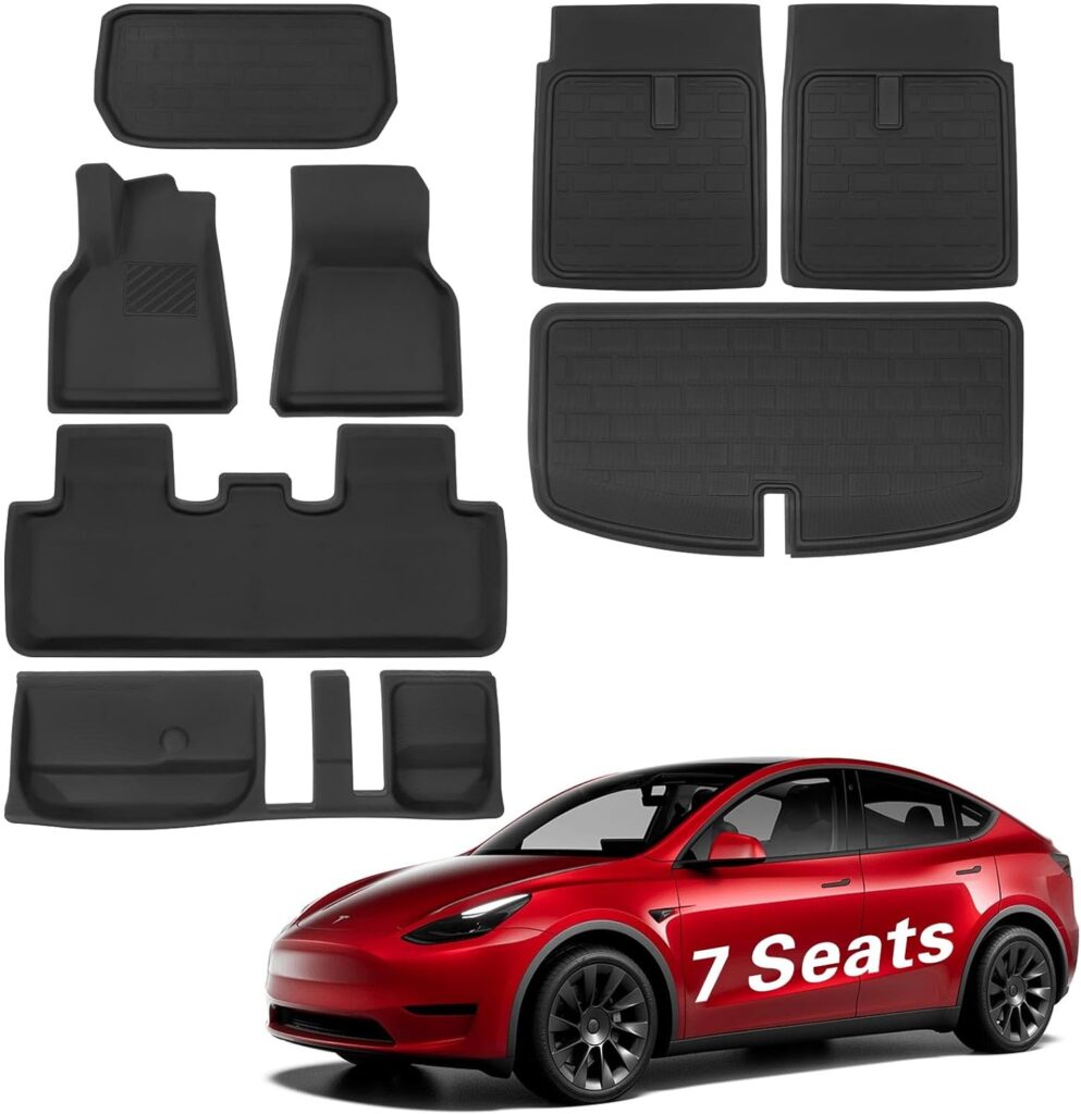 BASENOR 8PCS Tesla Model Y Floor Mats 3D Full Set Liners All-Weather Anti-Slip Waterproof Frunk  Trunk Mat Accessories Compatible with 7 Seater Model Y