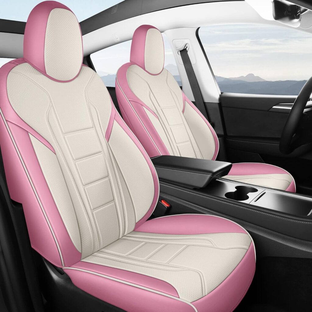 FREESOO Car Seat Covers for Tesla Model Y Waterproof Nappa Leather Full Set Seat Protector Custom Fit 2020 2021 2022 Pink White