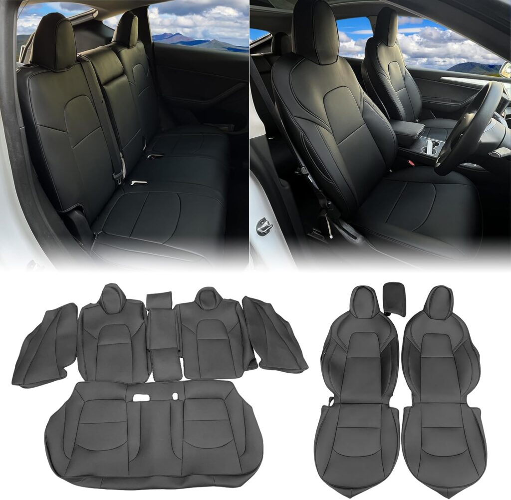 IKON MOTORSPORTS, Full Set Car Seat Covers Compatible with 2017-2023 Tesla Model 3 4-Door, Black Nappa Leather Front  Rear 5-Seat Seat Cover Cushion Protectors 10PCS, 2021 2022