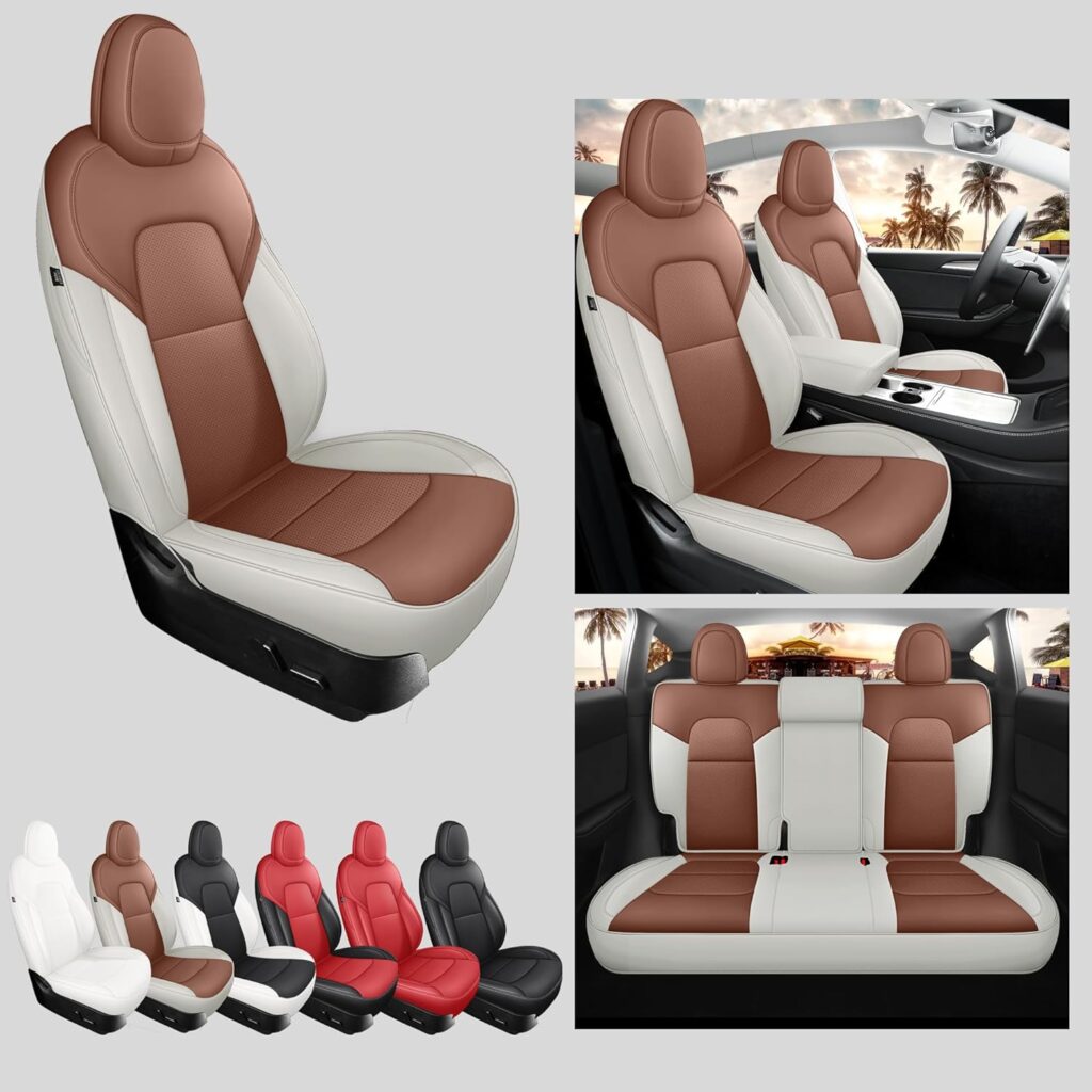 MeeKooMay Tesla Model Y Seat Covers Brown and Beige Leather Car Seat Cover for Tesla Model Y 2017-2023 Customized 12Pcs (TY-BrownBeige)