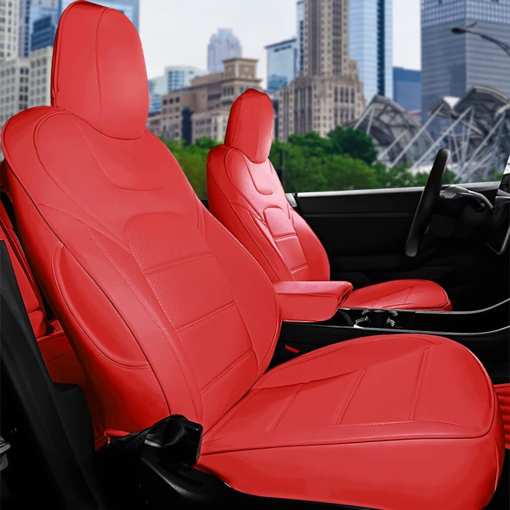 RuiYue Carry Fit Tesla Model Y Car Seat Cover, Nappa Leather Seats Protector, Full Surround Customized Interior Accessories for 2019 2020 2021 2022 2023 (Red)