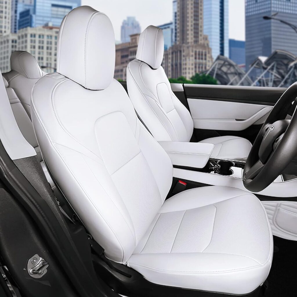 RuiYue Carry Fit Tesla Model Y Car Seat Cover, Nappa Leather Seats Protector, Full Surround OEM Style Customized Interior Accessories for 2019 2020 2021 2022 2023 (White)