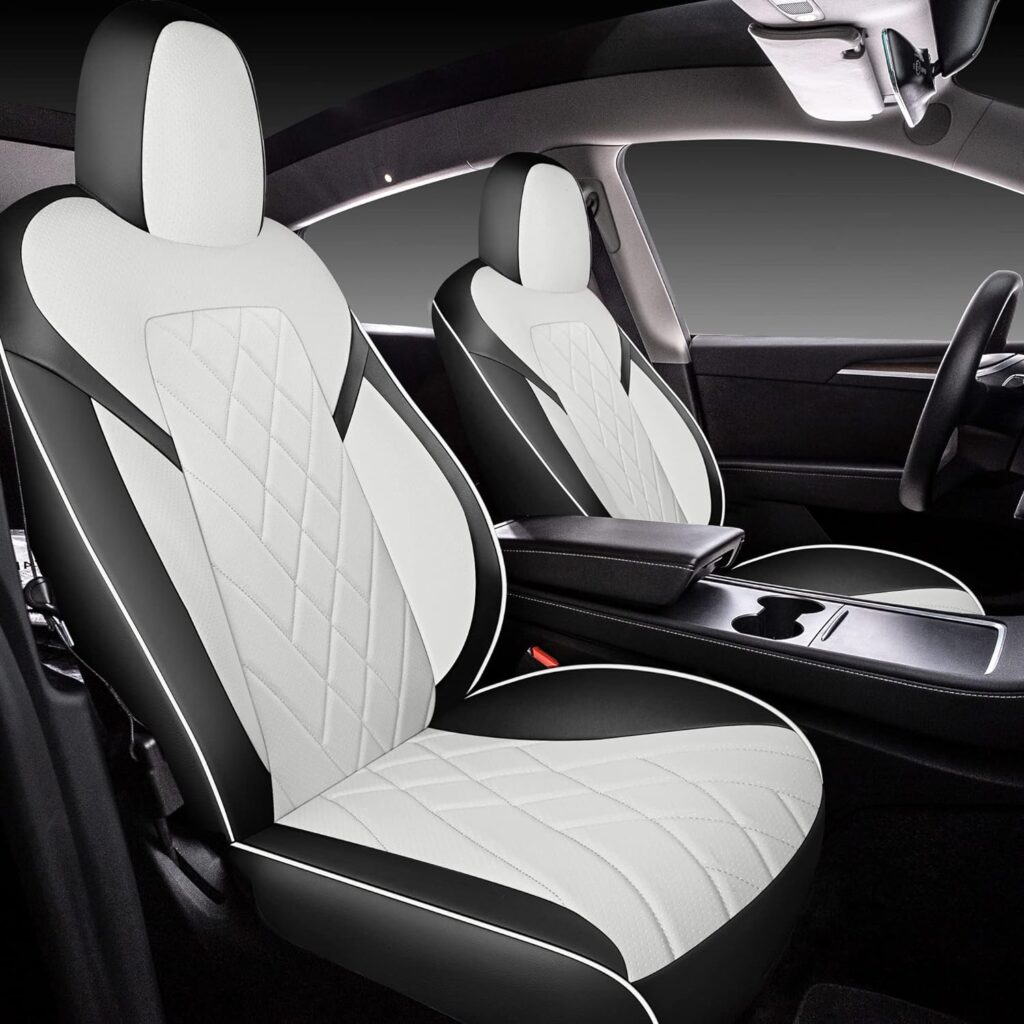 TAPHA Faux Leather Seat Cover Set for Tesla Model Y 2020-2022, Breathable and Water-Resistant, Include Seat Covers for Front and Rear Seats (Black/White)