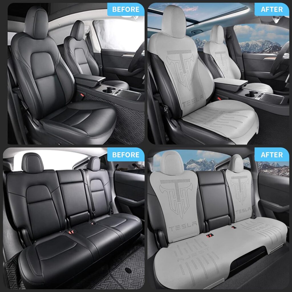 Walwyn 8PCS Tesla Car Seat Covers Full Set with Armrest Cover for 2023 2022 2021 2020 2019 5Seat Tesla Model3 Breathable Suede Leather Seat Covers,Waterproof Car Interior Covers Full Set Gray