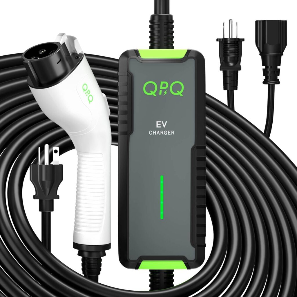 QPQ Level 1-2 EV Charger, 16 Amp 110-240V Portable Electric Car Charger, Electric Vehicle Charging Stations with NEMA 6-20 Plug  NEMA 5-15 Adapter for J1772, Level 2 EV Charger with 21 FT Cable