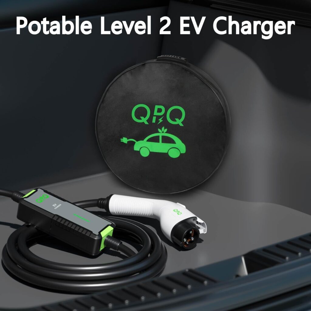 QPQ Level 1-2 EV Charger, 16 Amp 110-240V Portable Electric Car Charger, Electric Vehicle Charging Stations with NEMA 6-20 Plug  NEMA 5-15 Adapter for J1772, Level 2 EV Charger with 21 FT Cable