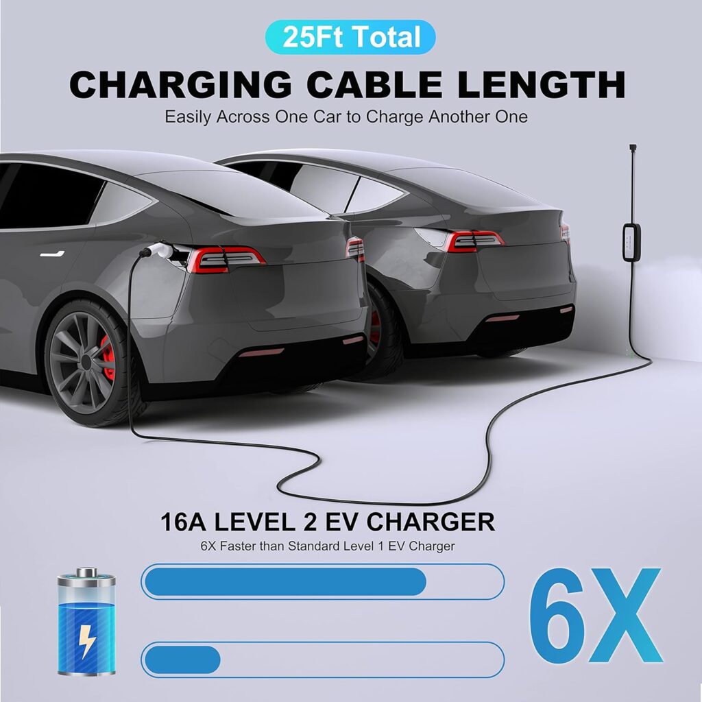QPQ Level 1-2 EV Charger J1772 Standard Plug-in ev Chargers for Home Level 2 Cars 110V-240V 16 Amp 3.5 kW Portable Electric Vehicle Charging Stations with 25 ft Level 2 Charger Cable NEMA 6-20 Plug