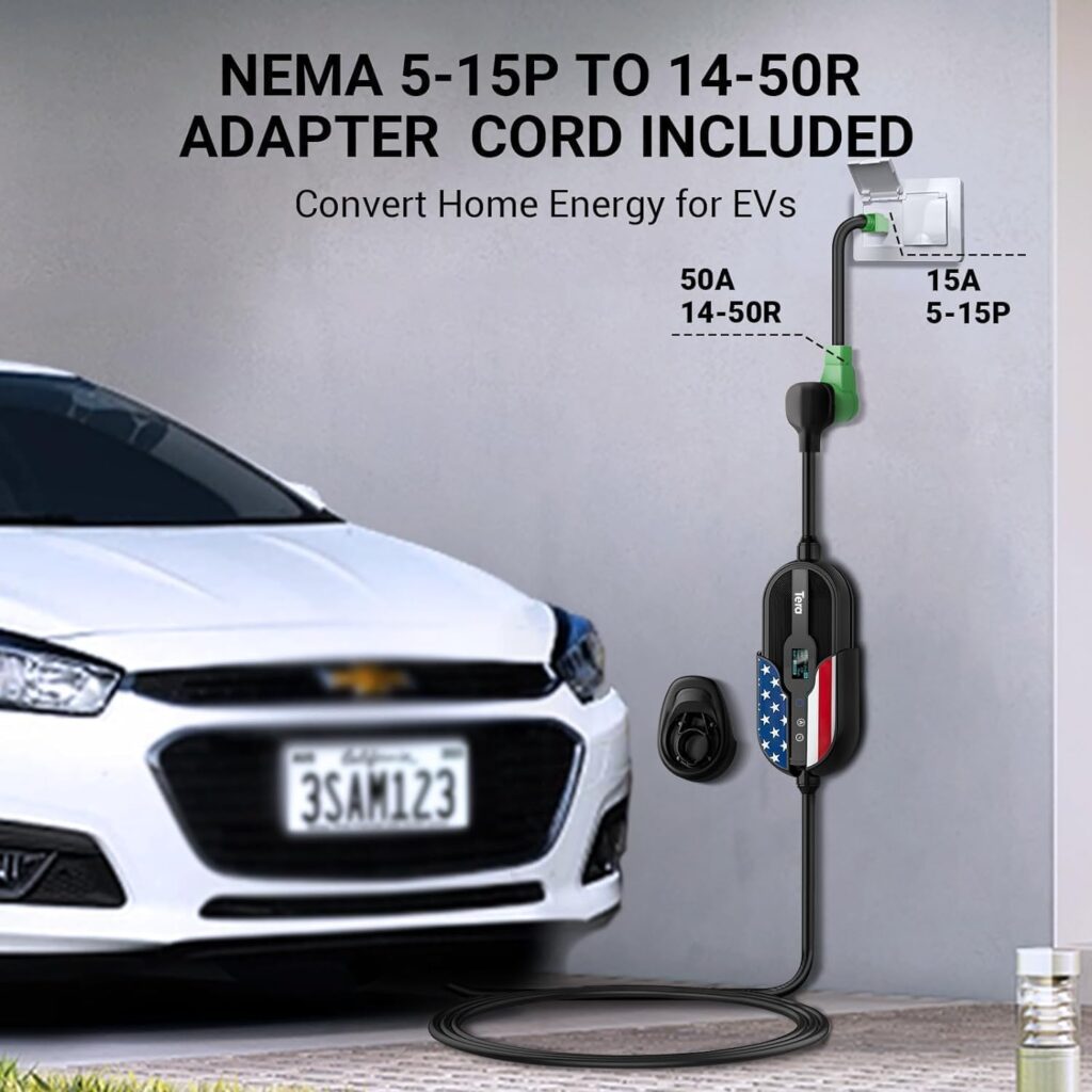 Tera for Tesla EV Charger Level 1 + 2 J1772: 32A 8A 110V 240V ETL Energy Star 5 Years Warranty Dual Use Portable  Wall Connector NEMA 14-50  NEMA 5-15 Wi-Fi  BT Enabled 25FT Cable with Holder, P01