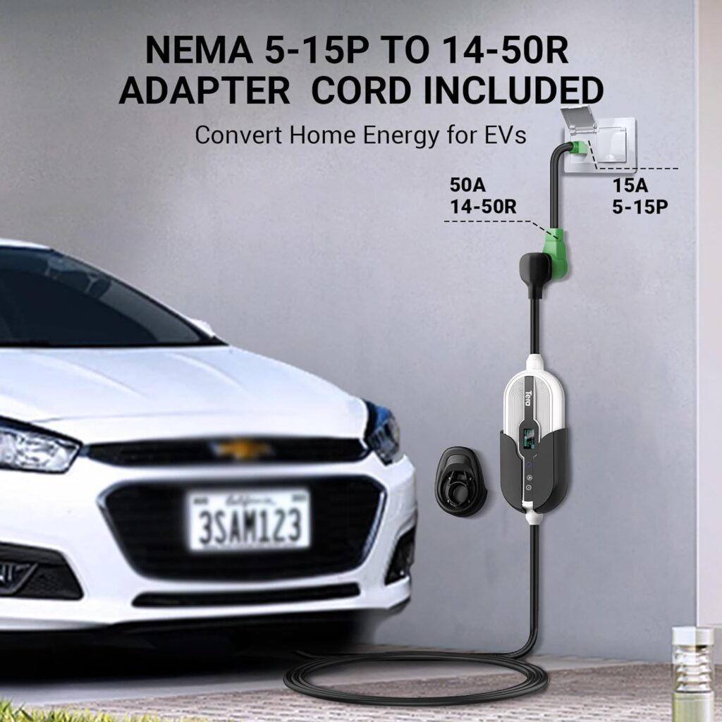 Tera for Tesla EV Charger Level 1 + 2 J1772: 32A 8A 110V 240V ETL Energy Star 5 Years Warranty Dual Use Portable  Wall Connector NEMA 14-50  NEMA 5-15 Wi-Fi  BT Enabled 25FT Cable with Holder, P01