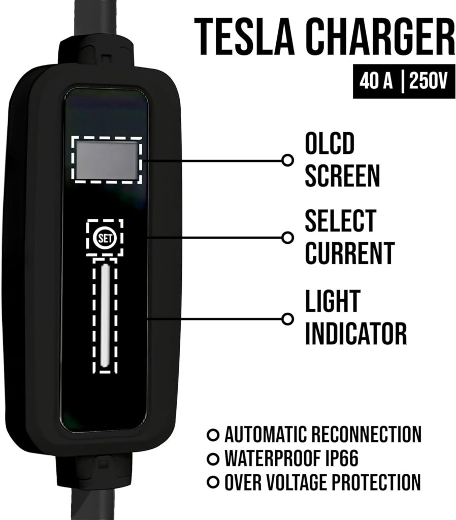 Tesla Mobile Charger 40A / 32A / 24A / 16A, up to 30 mi/h with Scheduled Charging, Level 2 NEMA 14-50, J1772 Adapter  Locks, Portable EV Fast NACS Station Connector 40 amp Model 3 Y S X, By Elecktrik