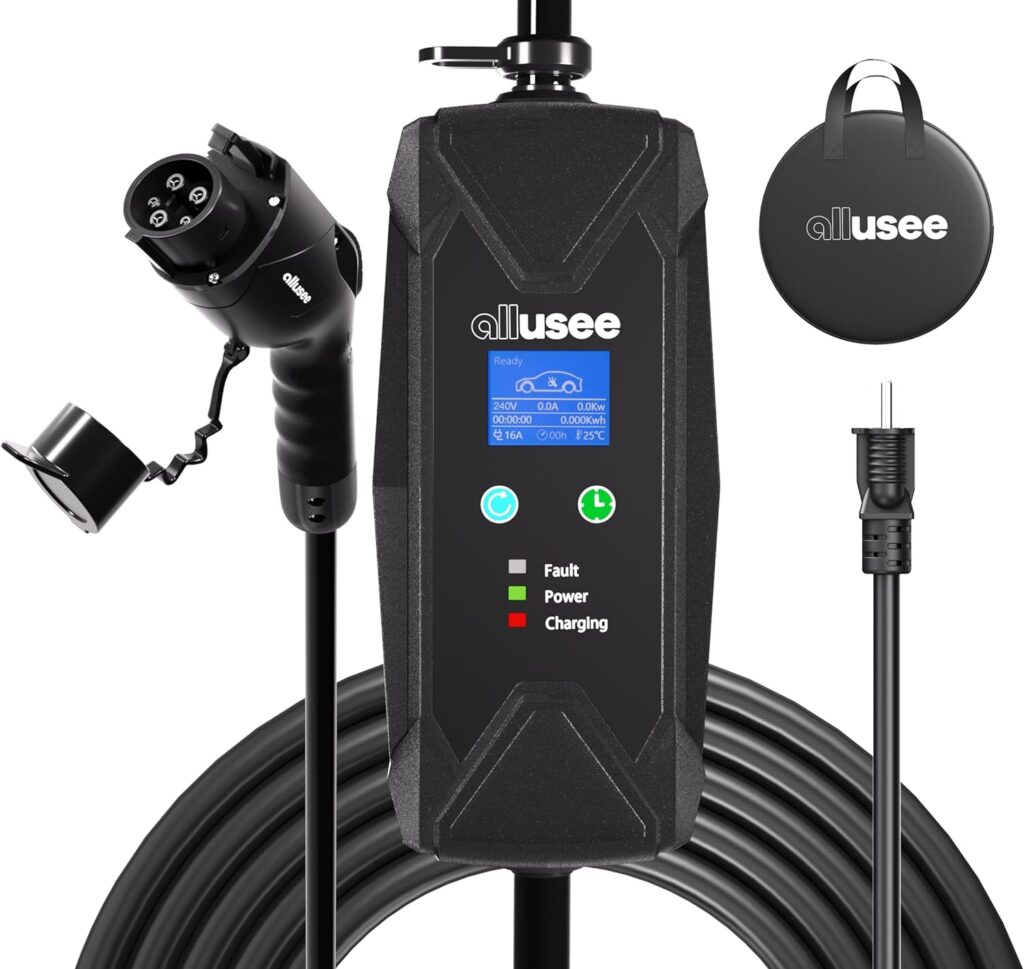 ALLUSEE J16 Portable EV Charger, 16 Amp Fast Charging Station for All EVs Home Indoors or Outdoors (NEMA 5-15, Carrying Case, 25ft)