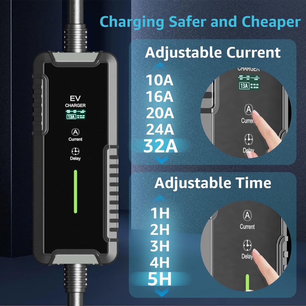 bokman Portable Level 2 EV Charger (240V, 32A) with 25ft Charging Cable and NEMA 14-50 for SAE-J1772 Electric Vehicles Current Adjustable and Reservation Charging Function