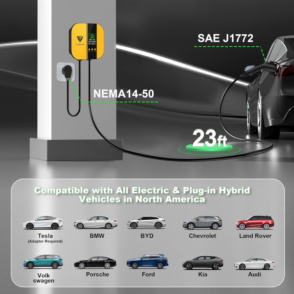 CLEESINK Level 2 EV Charger - 40 Amp EV Charger Level 2, 240V Electric Vehicle Charging Stations, NEMA 14-50 EVSE Level 2 Charger, 23ft Cord Electric Car Charger, UL, Yellow