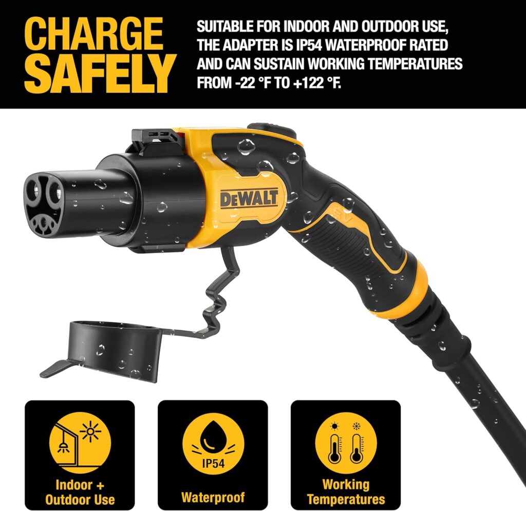 DEWALT Portable Electric Vehicle Level 1 and Level 2 EV Charger from 12 to 16 Amps 120-240V, CSA Certified Indoor/Outdoor, NEMA 6-20 with 5-15 Adapter Included, 25 ft. Cable