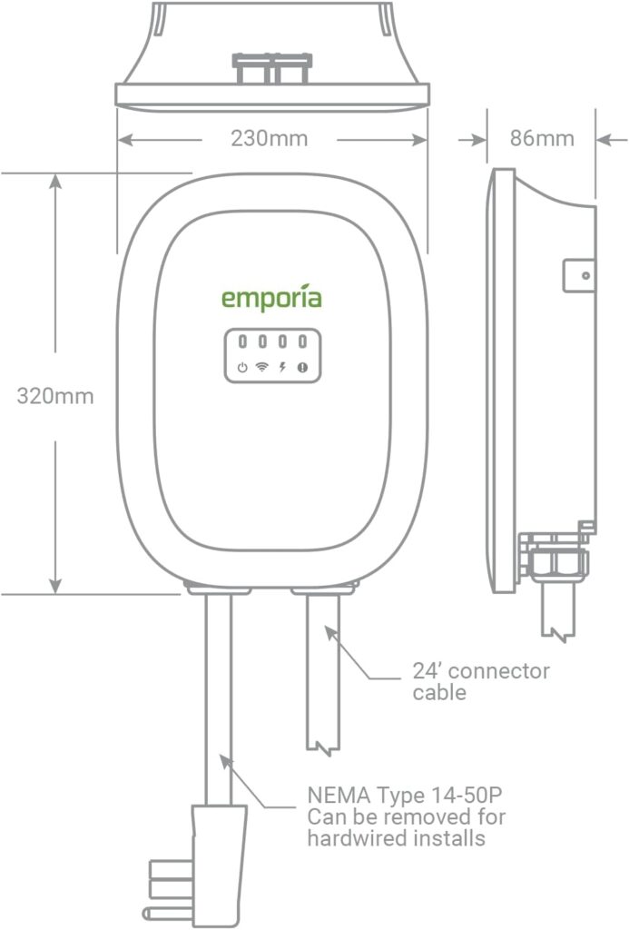 Emporia Level 2 EV Charger 48 Amp / 11.5kW / 240V | Smart WiFi Enabled EVSE | UL Listed/Energy Star | NEMA 14-50 Plug or Hardwired | Indoor/Outdoor | 24-Foot Cable