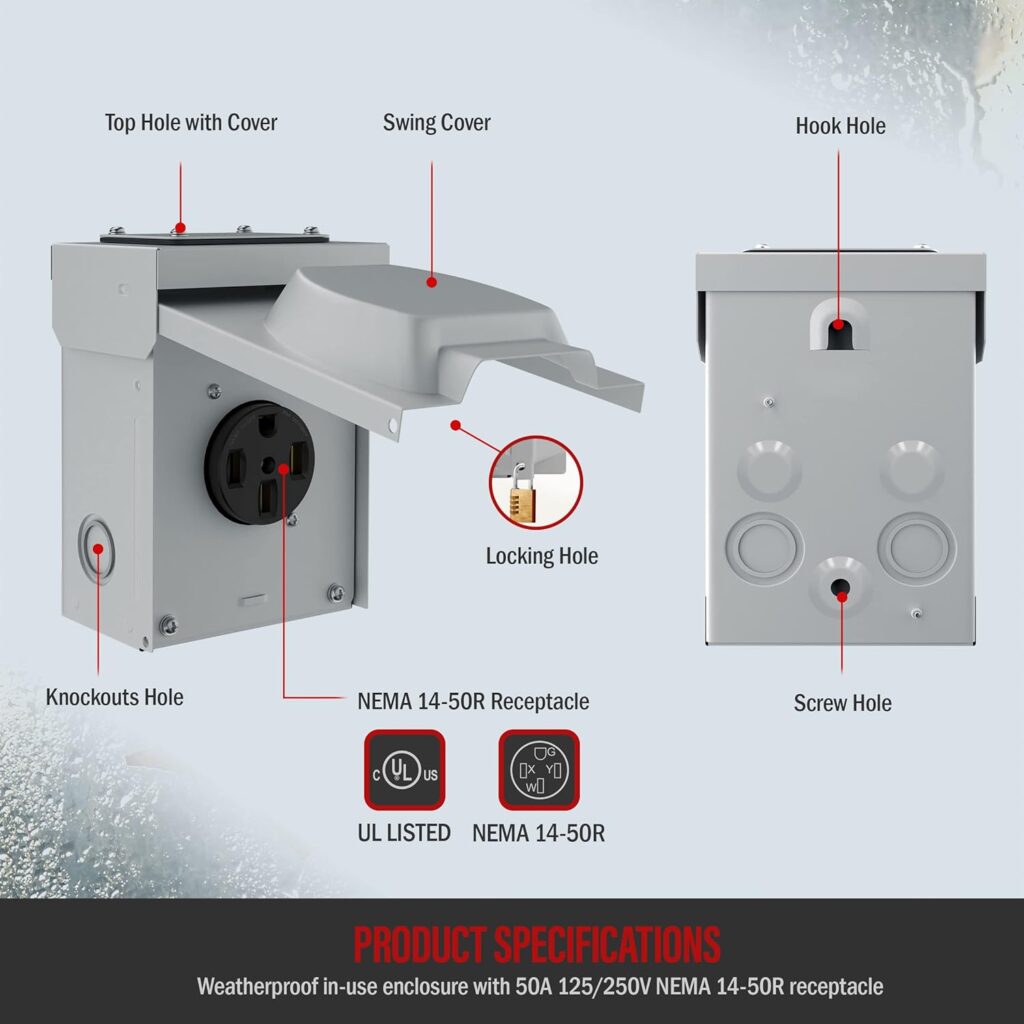 ENERLITES 50 Amp 125/250V NEMA 14-50R Power Outlet, Lockable Weatherproof Receptacle for RV, Electric Car, Generator, and More, 3-Pole, 4 Wire, 66500M, Black with Outdoor Box