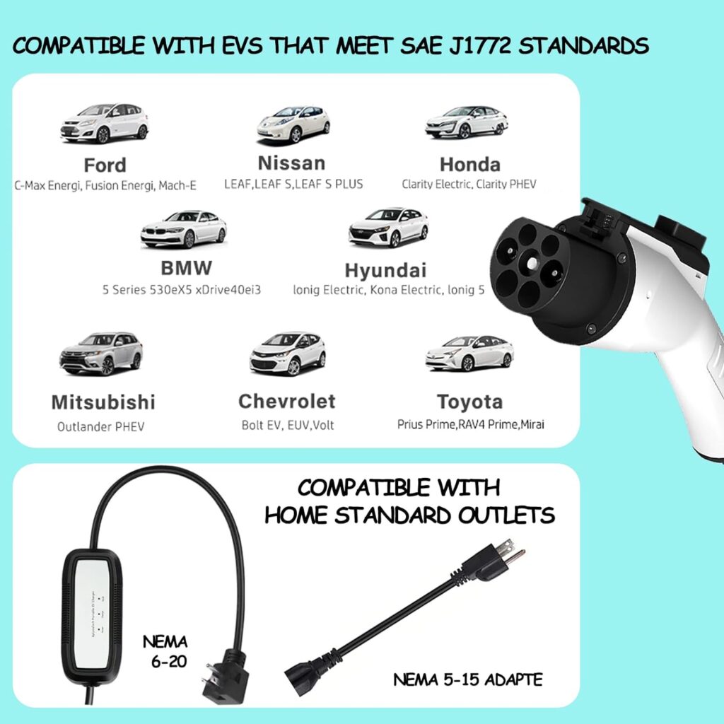 EV Charger, 16Amp 110V/240V Portable Level 1 Level 2 Electric Vehicle Charging Station with NEMA 6-20 Plug  NEMA 5-15 Adapter for J1772 Electric Cars