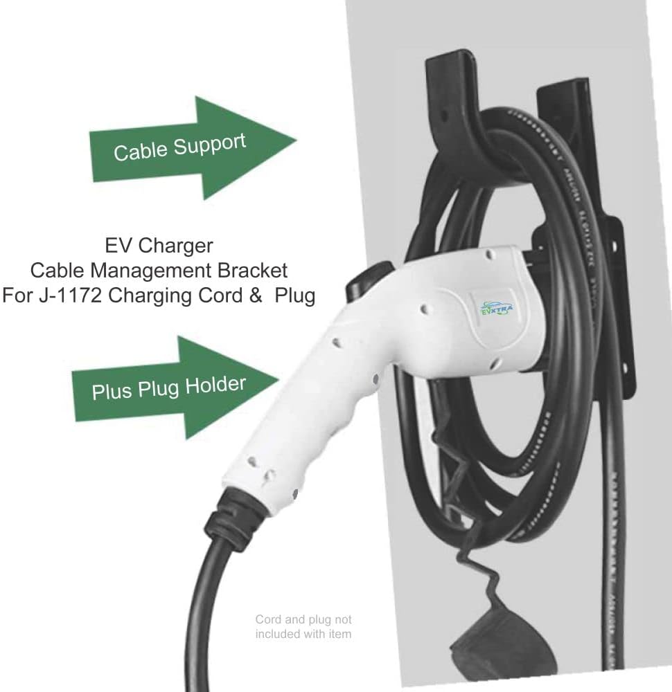 EV Charger Combined U-Shaped Cable Holder and J-1772 Plug Holster for Home or Commercial Level 2 Electric Vehicle Chargers Black