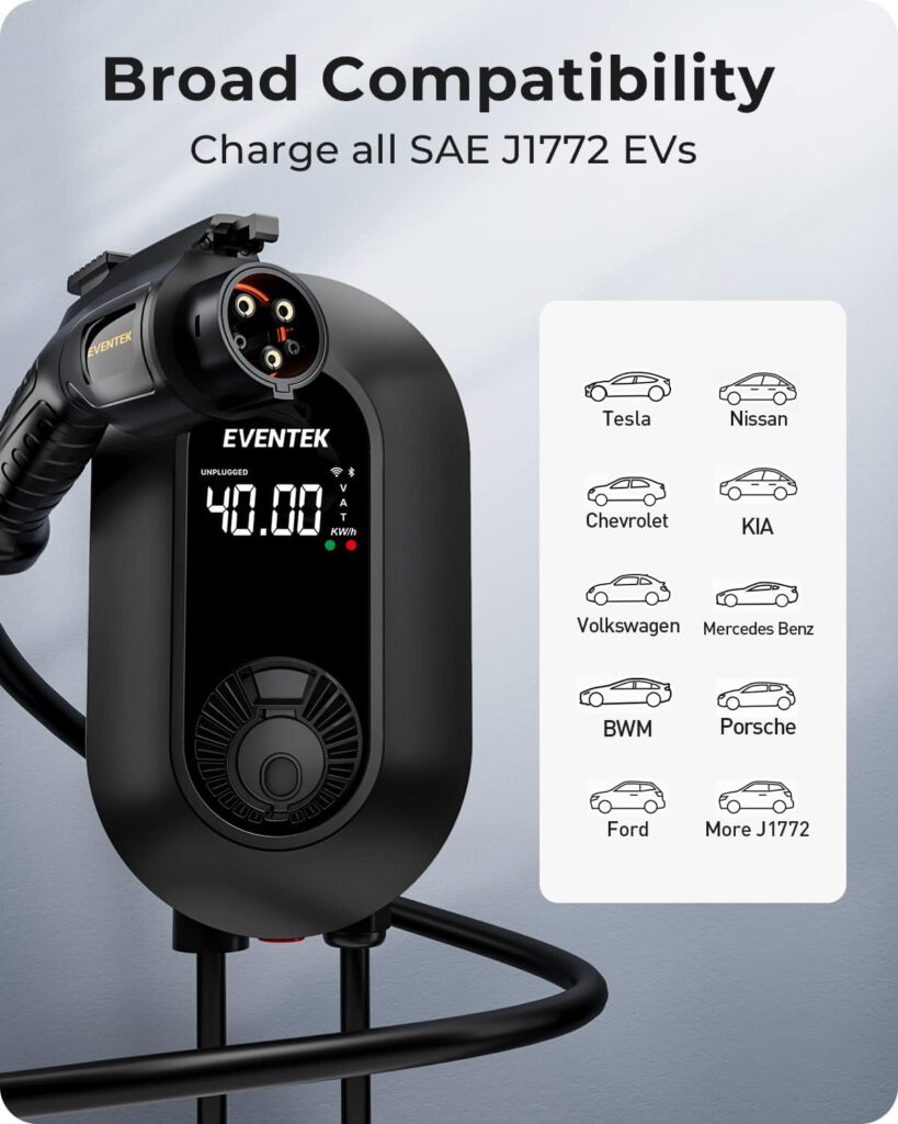 EVENTEK Level 2 EV Charger, 40 Amp Home Electric Vehicle Charger, NEMA 14-50 Plug Electric Vehicle Charger Compatible with SAE J1772, UL Listed, Wi-Fi and Bluetooth EVSE, 25Ft Cable