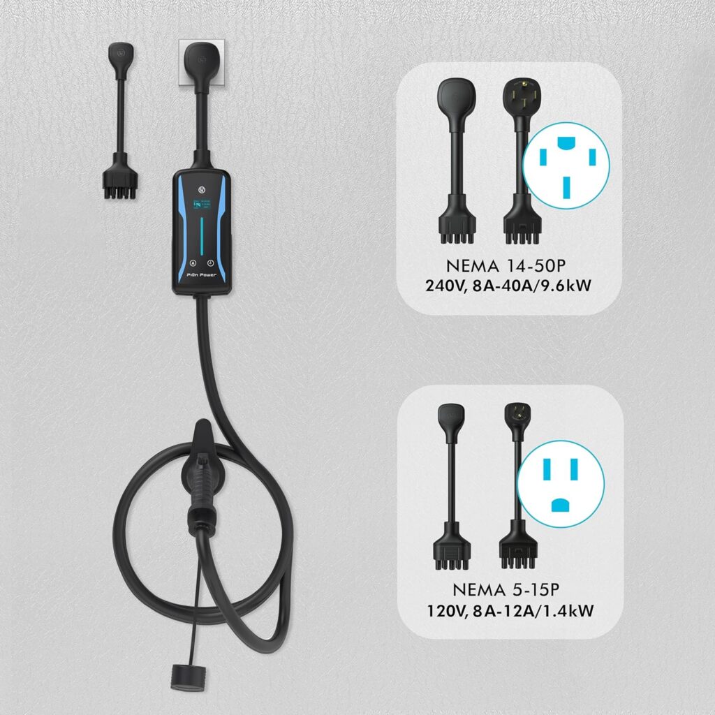 Flex-AC LE Level 2 EV Charger, 8-40 Amp, NEMA 5-15 and NEMA 14-50 Outlet, Indoor/Outdoor, CSA Tested, Energy Star, and FCC Certified Portable EV Charger, J1772 Extension Cable 22 ft (Grey)