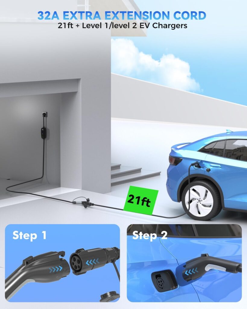 J1772 Extension Cable, 32Amp 40Ft EV Charger Extension Cord Compatible with Level 1 Level 2 SAE J1772 EV Chargers, 110V-240V EV Extension Cord with Carrying Bag, IP66 EV Charger Extension Cable
