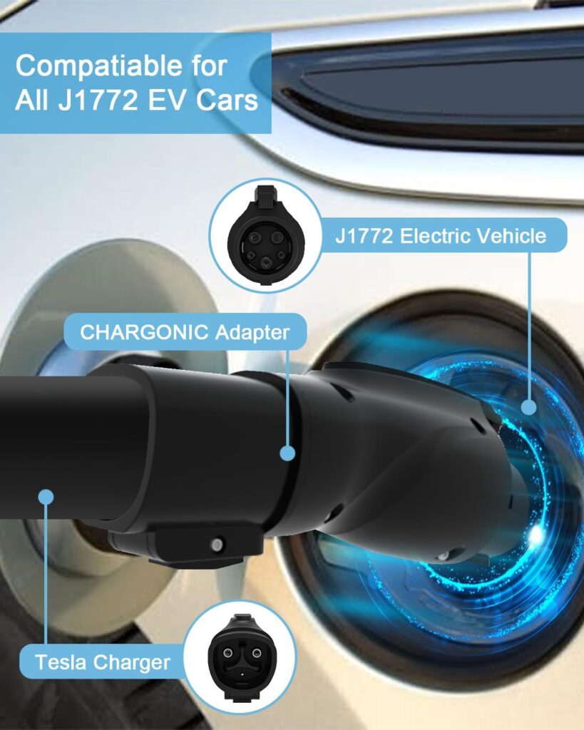 J1772 to Tesla Charging Adapter with Anti-Drop Lock, Portable EV Charger Adapter J1772 to Tesla Plug 80A / 250V AC Compatible with Tesla Model 3, Y, X, S  Level 1/2 Charging Stations