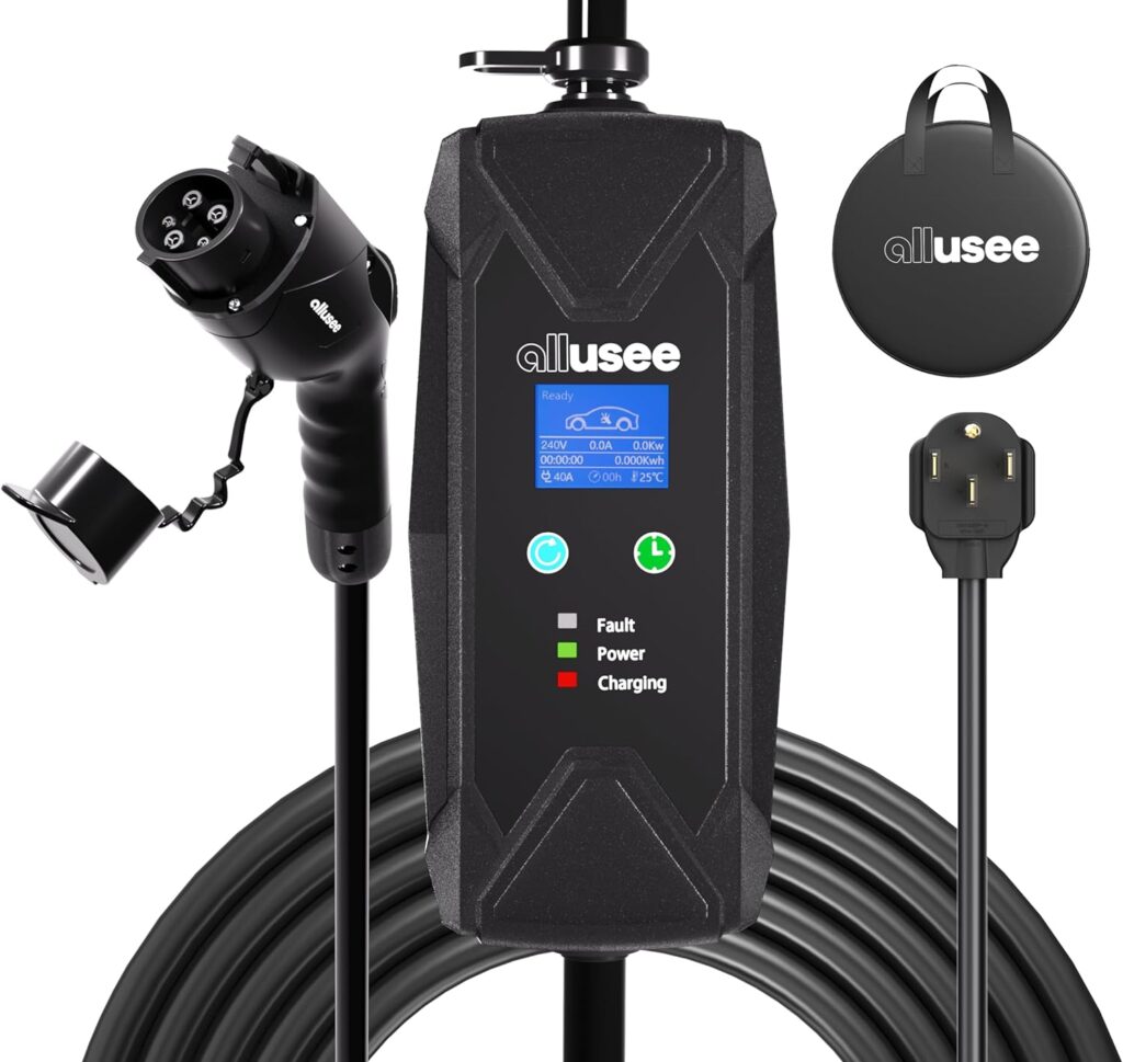 J40 EV Charger, 9.6KW 40AMP Level 2 Portable Fast Charger with J1772 Connector and 25 ft Cable, NEMA 14-50 Plug, Scheduled Charging, Works with EV and Hybrid Vehicles, for Home and Outdoor