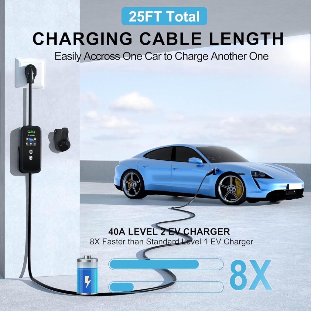 Level 1-2 EV Charger 40 Amp Portable Electric Car Charger, 110-240V Electric Vehicle Charging Stations with NEMA 14-50 Plug Adapter for J1772, Vehicle Home Charger with 25 FT Cable