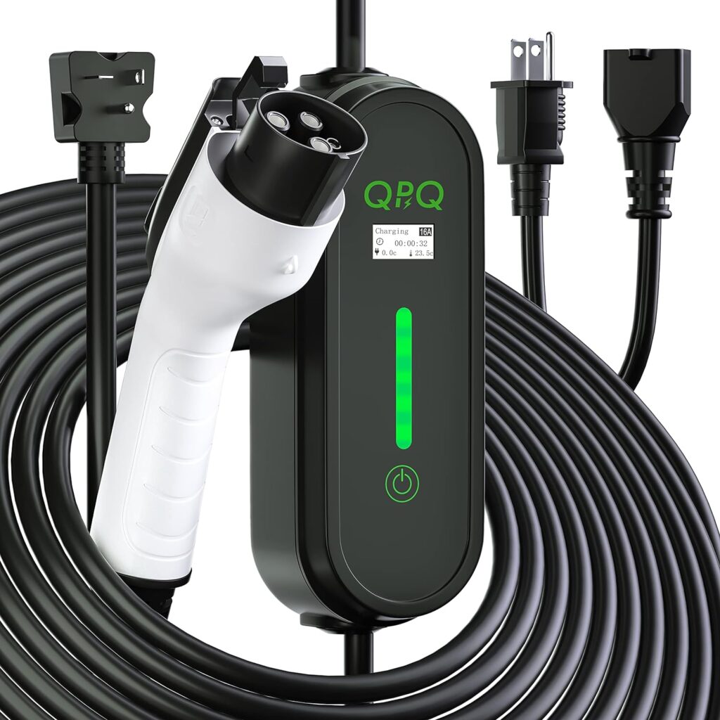 Level 1 Level 2 EV Charger, 16Amp 110v-240V Portable Electric Car Charger 25FT with NEMA 6-20 Plug  NEMA 5-15 Adapter for J1772, Home EV Charging Station with Adjustable Amp Delayed Timer