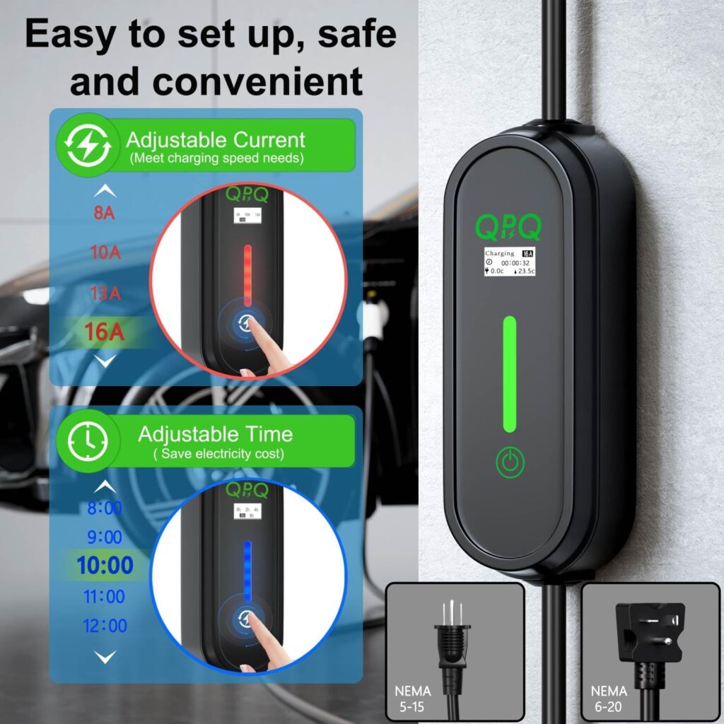 Level 1 Level 2 EV Charger, 16Amp 110v-240V Portable Electric Car Charger 25FT with NEMA 6-20 Plug  NEMA 5-15 Adapter for J1772, Home EV Charging Station with Adjustable Amp Delayed Timer