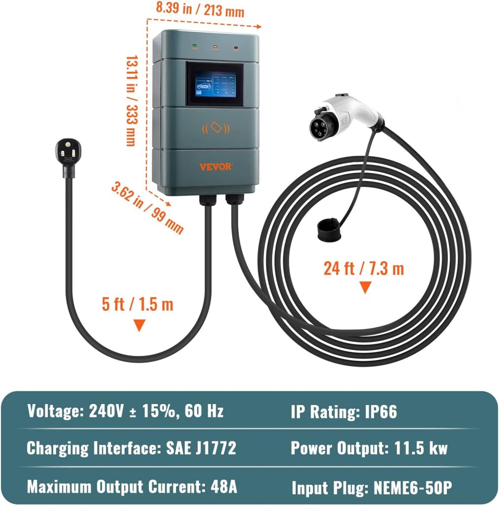 Level 2 Electric Vehicle Charging Station, 0-48A Adjustable, 11.5 kW 240V NEMA 6-50 Plug Smart EV Charger with WiFi, 24-Foot TPE Charging Cable for Indoor/Outdoor Use, ETL  Energy Star Certifie