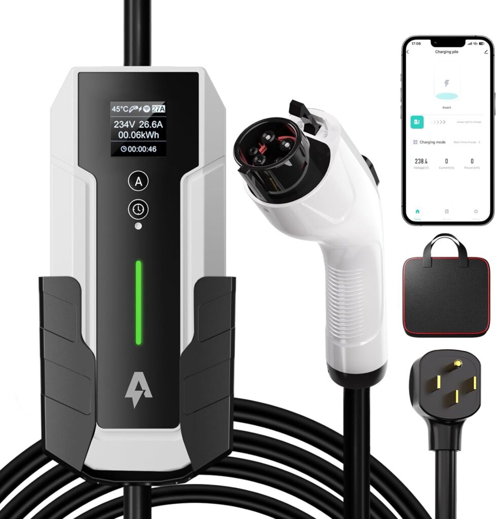 Level 2 EV Charger 32Amp,7.68KW Electric Vehicle Charger Portable 240V,SAE-J1772 and NEMA 14-50 Plug, Scheduled Charging,Adjustable Current,Smart APP, 25 FT Cable for EV and Hybrid Vehicles