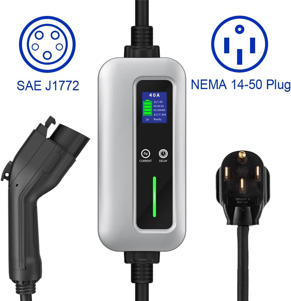 Level 2 EV Charger - 40Amp 240V Portable J1772 Electric Car Charger with NEMA 14-50 Plug, Portable Level 1+2 EV Charger with Adjustable Current, 25ft  UL Standard Cable Fit for All J1772 EVs