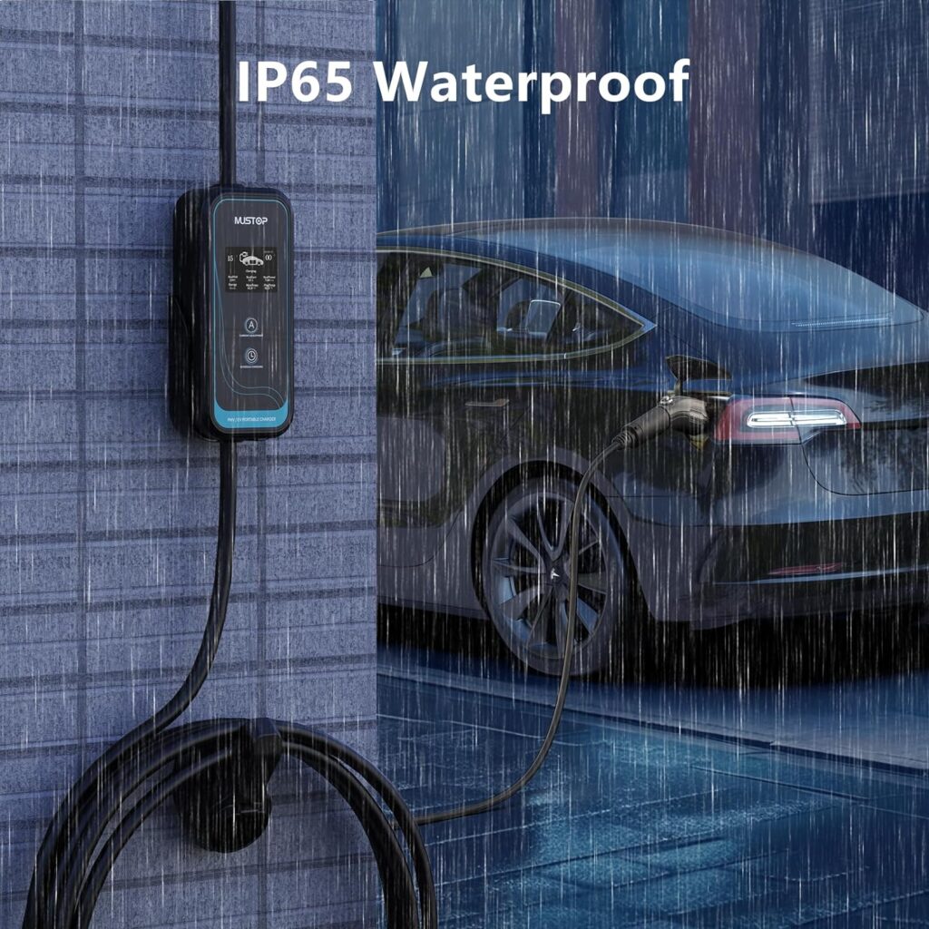 Level 2 Portable EV Charger (Adjustable 16-32 Amp, 110V-240V, 20ft，NEMA 14-50P),IP65 Waterproof, LCD Screen Electric Vehicle Charger Plug-in EV Charging Station with Delay Function for All J1772 EVs