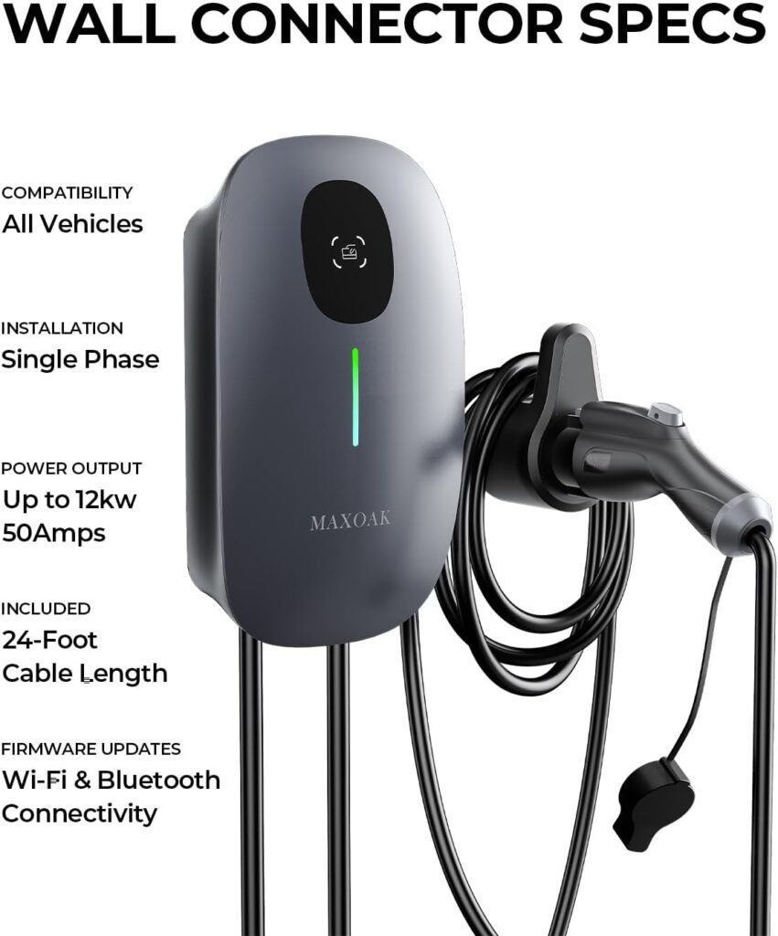 MAXOAK Electric Vehicle Charger - Adjustable 16A to 50A Output Current, Level 2, 240V, Hardwired, CSA Certified  NEMA Type 4, Smart APP Control, Compatible with Tesla and All EV Brands